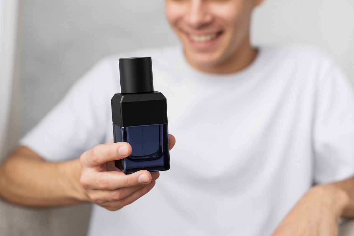 Pria melihat botol parfum