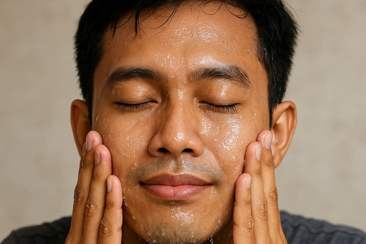pria yang sedang mencuci muka supaya kulit wajah terhidrasi