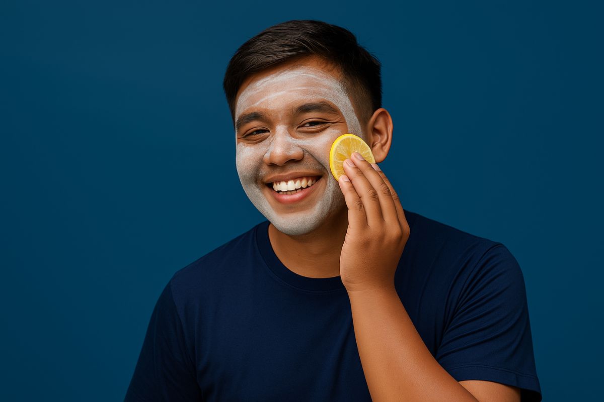 Pria membersihkan wajahnya dengan scrub