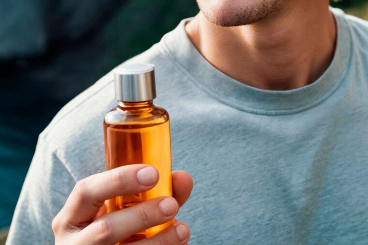 Pria memegang botol parfum