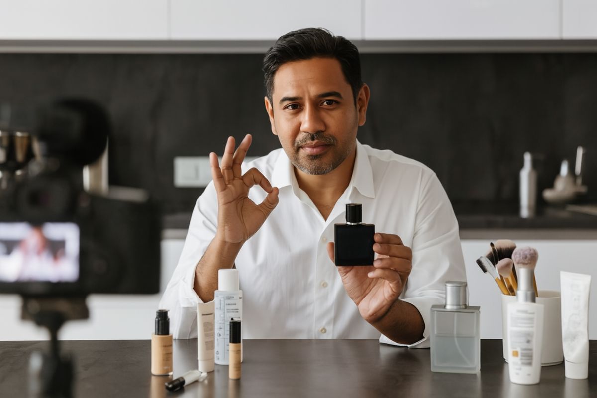 Pria membuat vlog parfum