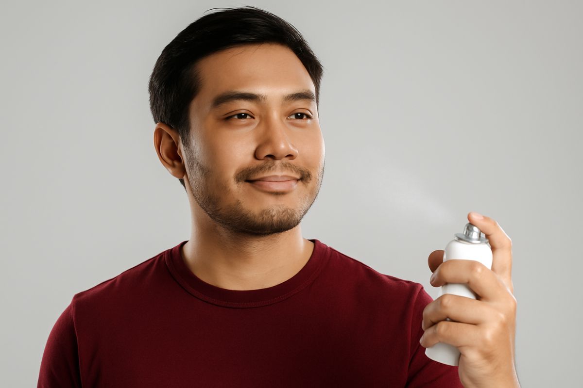 Pria menyemprotkan parfum