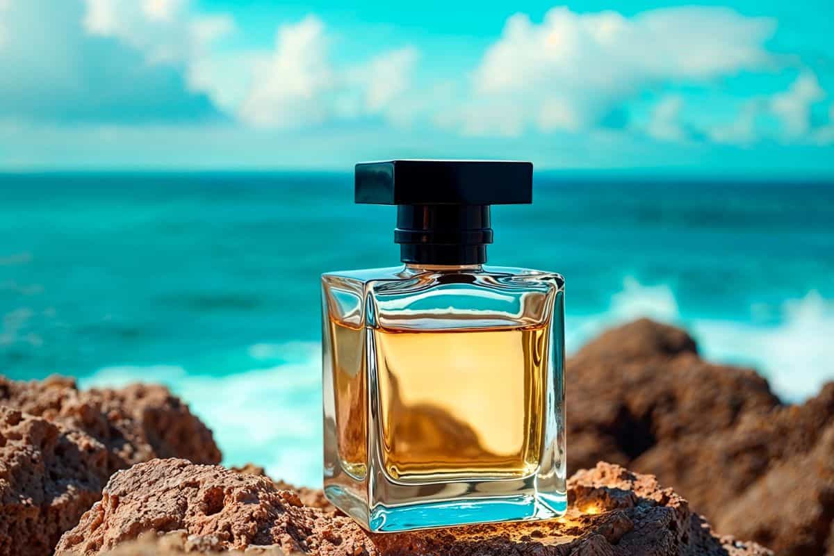 botol parfum di atas karang tepi pantai