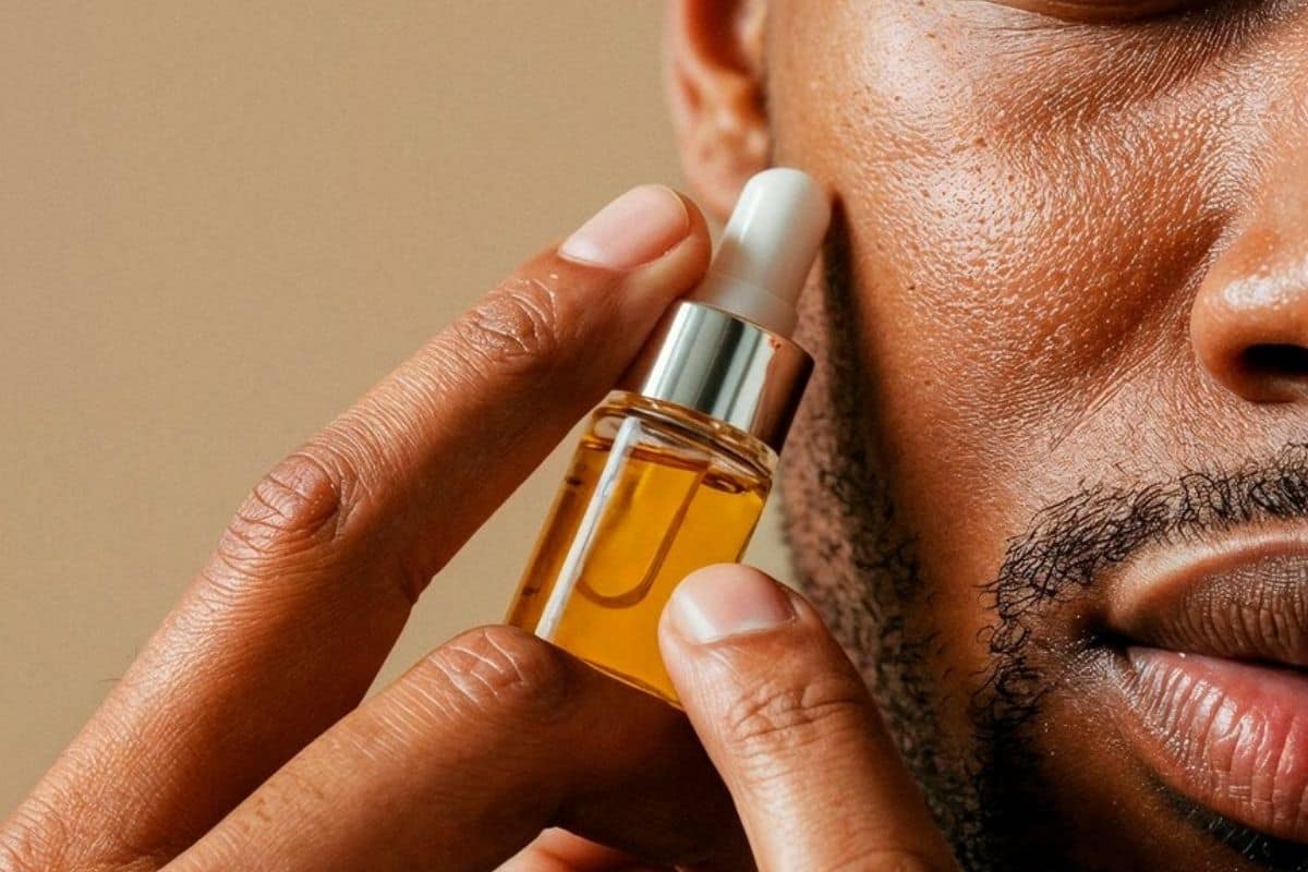 Pria memegang botol serum