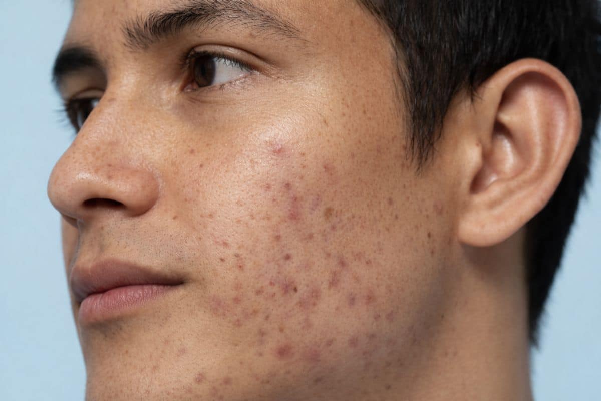 Pria dengan berbagai bekas jerawat di pipinya