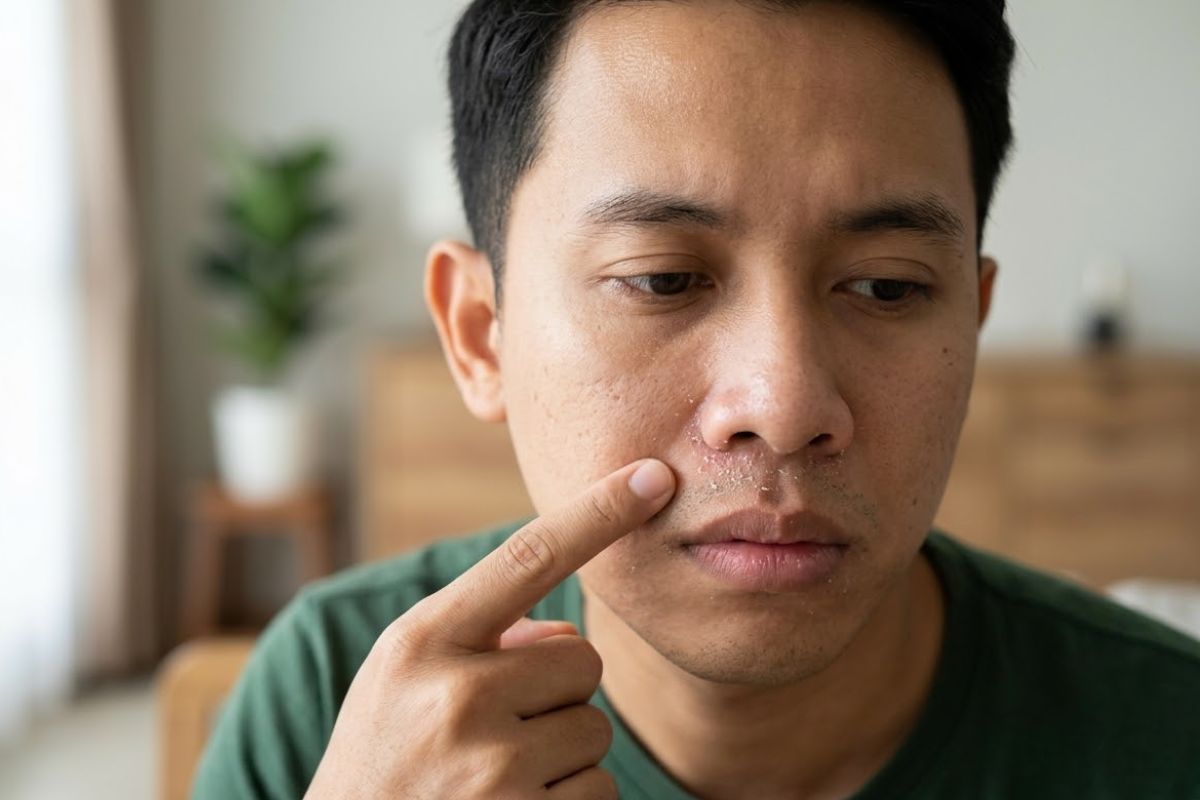 Ciri-ciri wajah dengan tekstur kulit kering. 