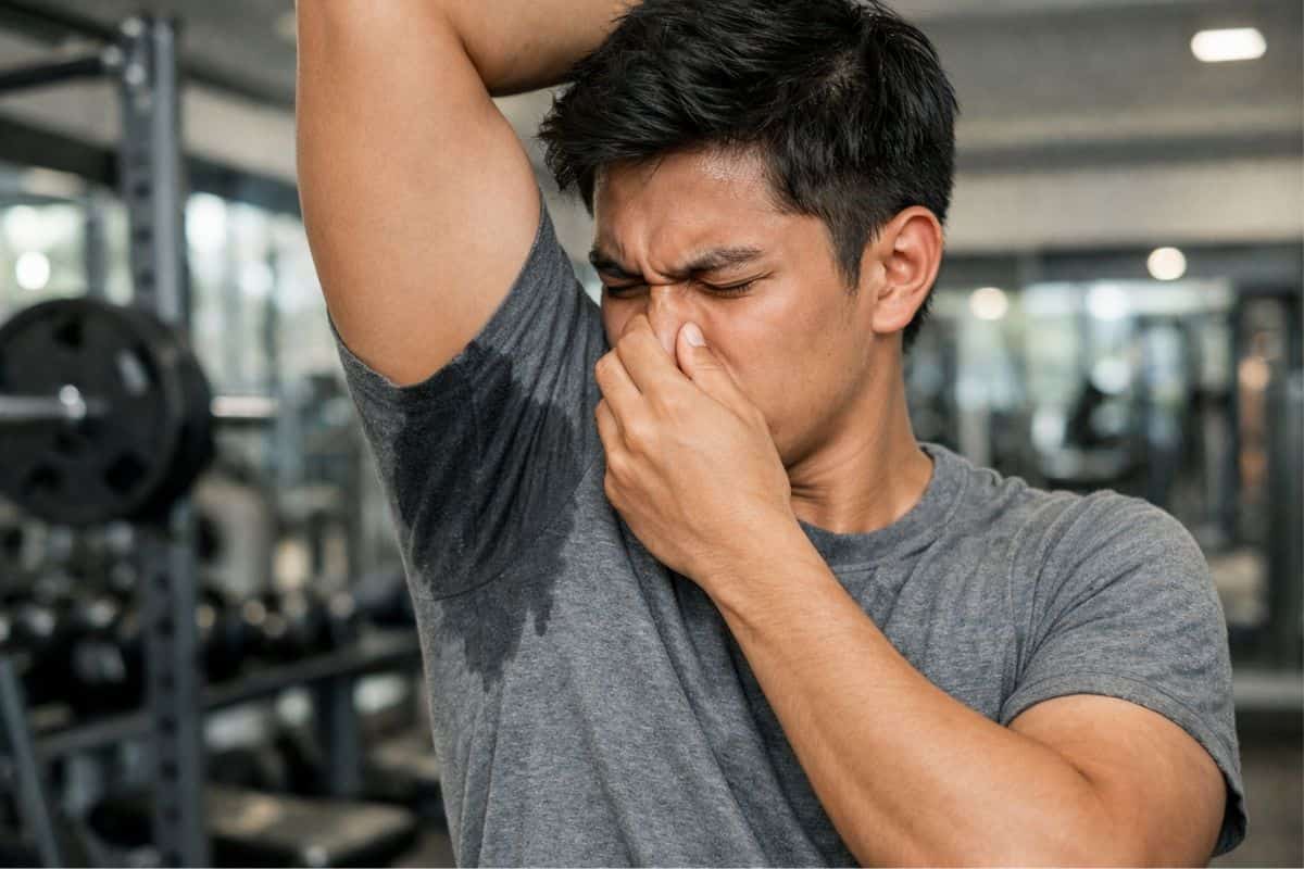 Seorang pria dengan keadaan ketiak basah dan bau.