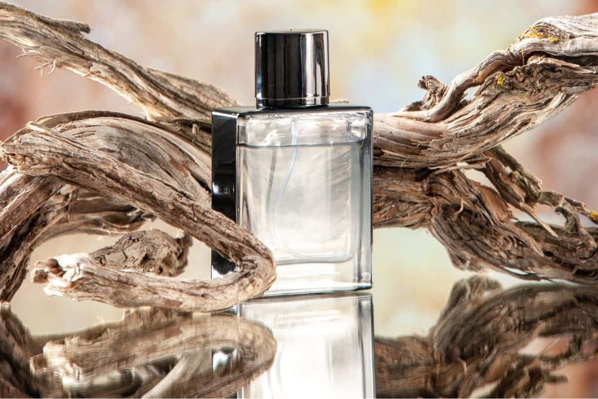 sebotol parfum dengan potongan kayu di belakangnya