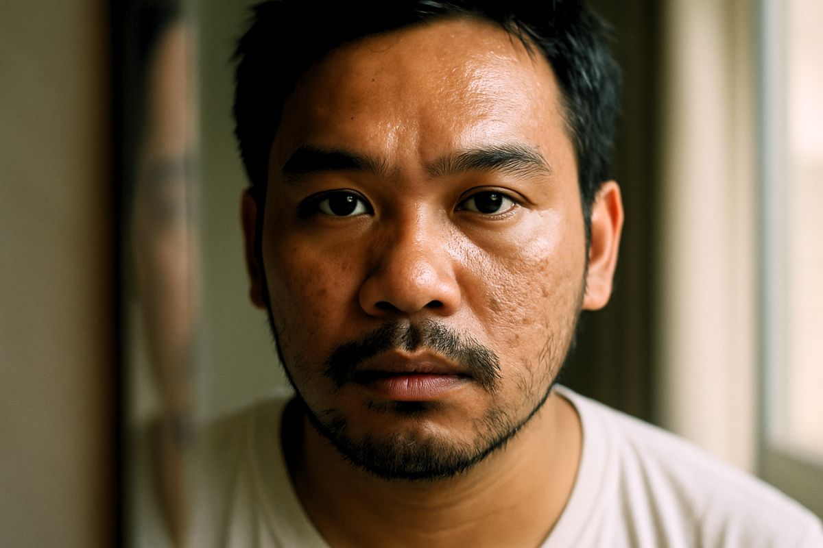 Pria dengan kulit kusam dan berminyak sedang berkaca