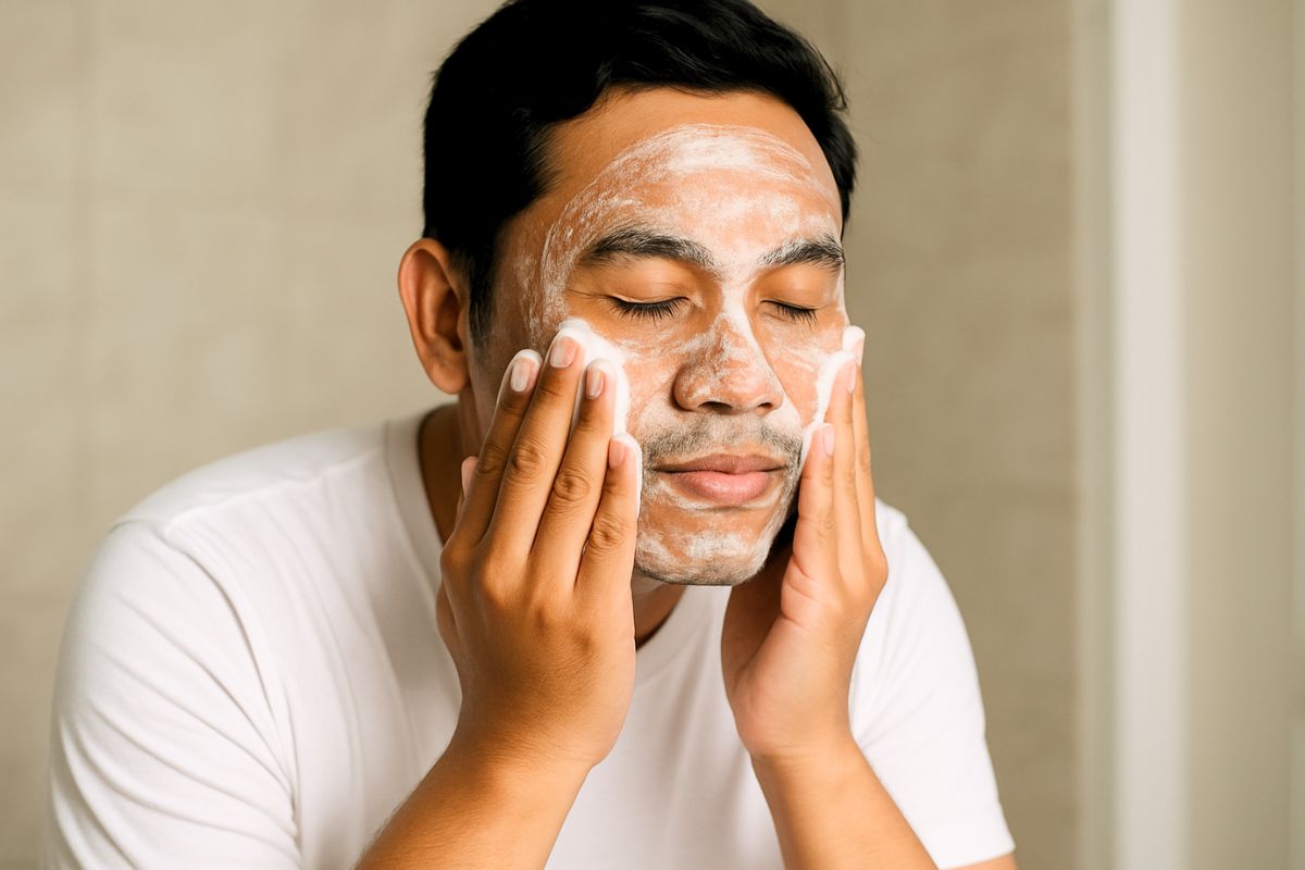 Pria sedang mencuci wajah dengan face wash